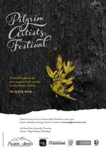 2019 Pilgrim Artists Festival Poster, featuring a tiny sprig of new growth coming out of the bark of a possibly burnt tree, with text details about the festival