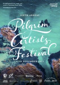 2022 Pilgrim Artists Festival Poster, featuring a drone shot of aquamarine water and brown rocks, and text details about the festival