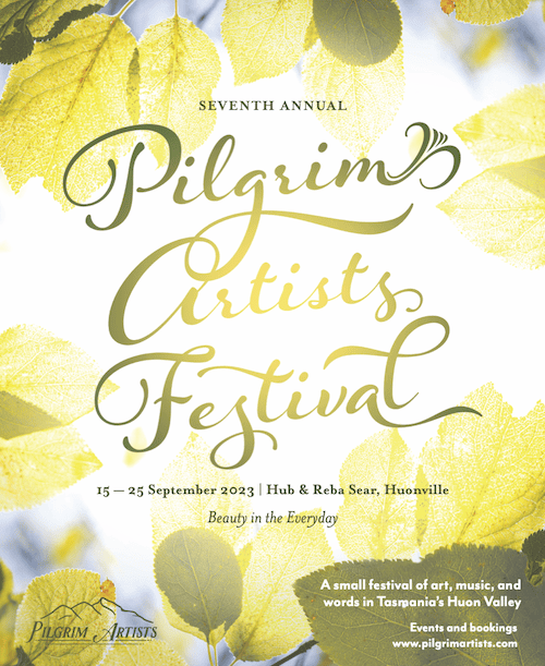 2023 Pilgrim Artists Festival Poster. Sun behind green leaves, with text details about the festival.