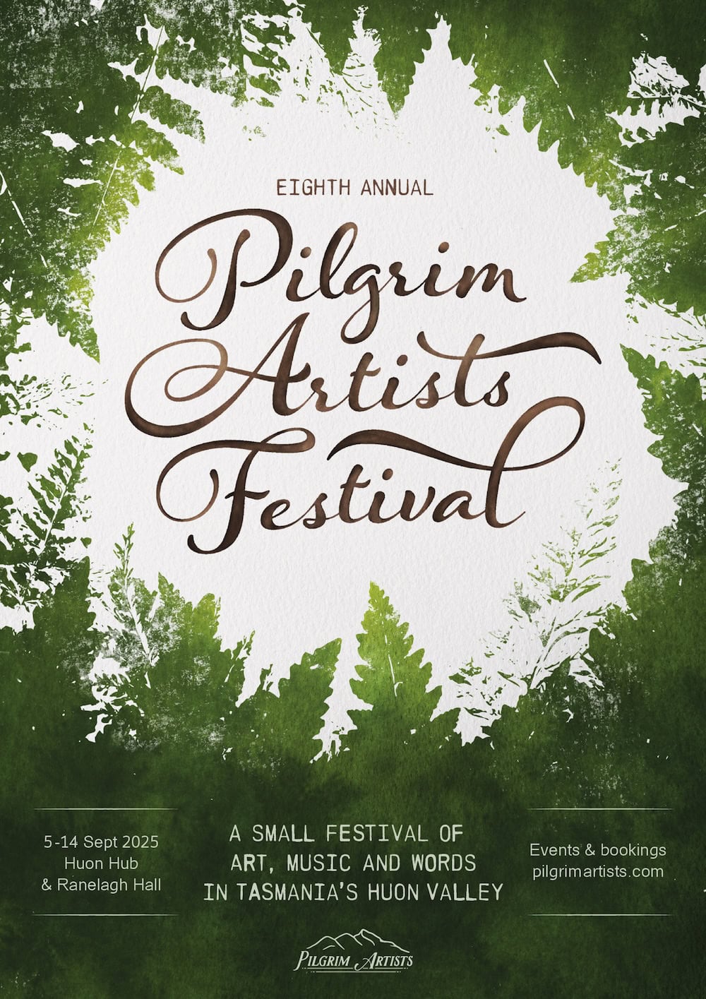 2025 Pilgrim Artists Festival Poster without Sponsors 2025 Pilgrim Artists Festival Poster without Sponsors, featuring large Pilgrim Artists Branding circled by dark leaves