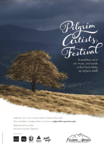 2018 Pilgrim Artists Festival Poster, featuring a lone tree on a brightly lit, naturally gold hillside with dark hills in the background, and text details about the festival
