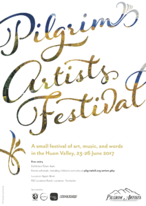 2017 Pilgrim Artists Festival Poster, featuring a an image of the valley in the negative space of the words Pilgrim Artists Festival, and text details about the festival