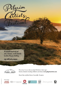 2021 Pilgrim Artists Festival Poster, featuring an autumnal tree on a hilltop with clouds filling the valley below, and text details about the festival