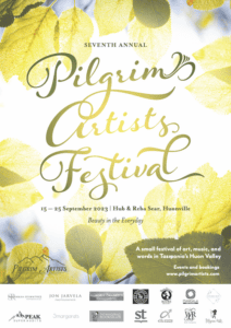 2023 Pilgrim Artists Festival Poster. Sun behind green leaves, with text details about the festival