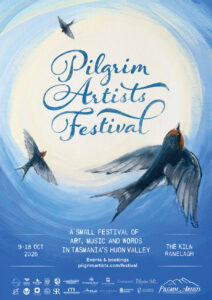 2026 Pilgrim Artists Festival Poster, featuring large Pilgrim Artists Festival branding circled by three welcome swallows, with text details for the festival