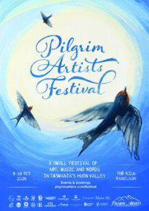 2026 Pilgrim Artists Festival Poster, featuring large Pilgrim Artists Festival branding circled by three welcome swallows, with text details for the festival