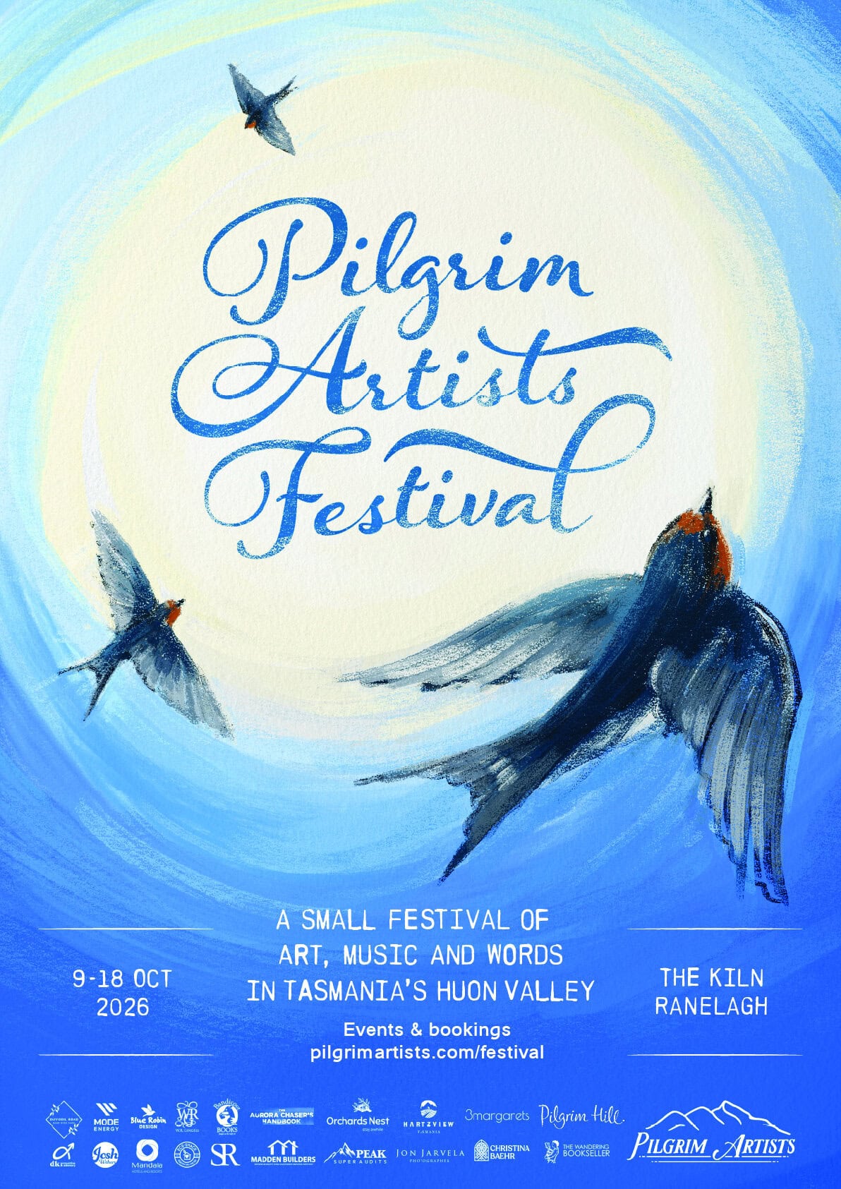 2026 Pilgrim Artists Festival Poster, featuring large Pilgrim Artists Festival branding circled by three welcome swallows, with text details for the festival